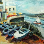 Schilderij van roeibootjes aan de kant en zeilbootje op een kleine rivier