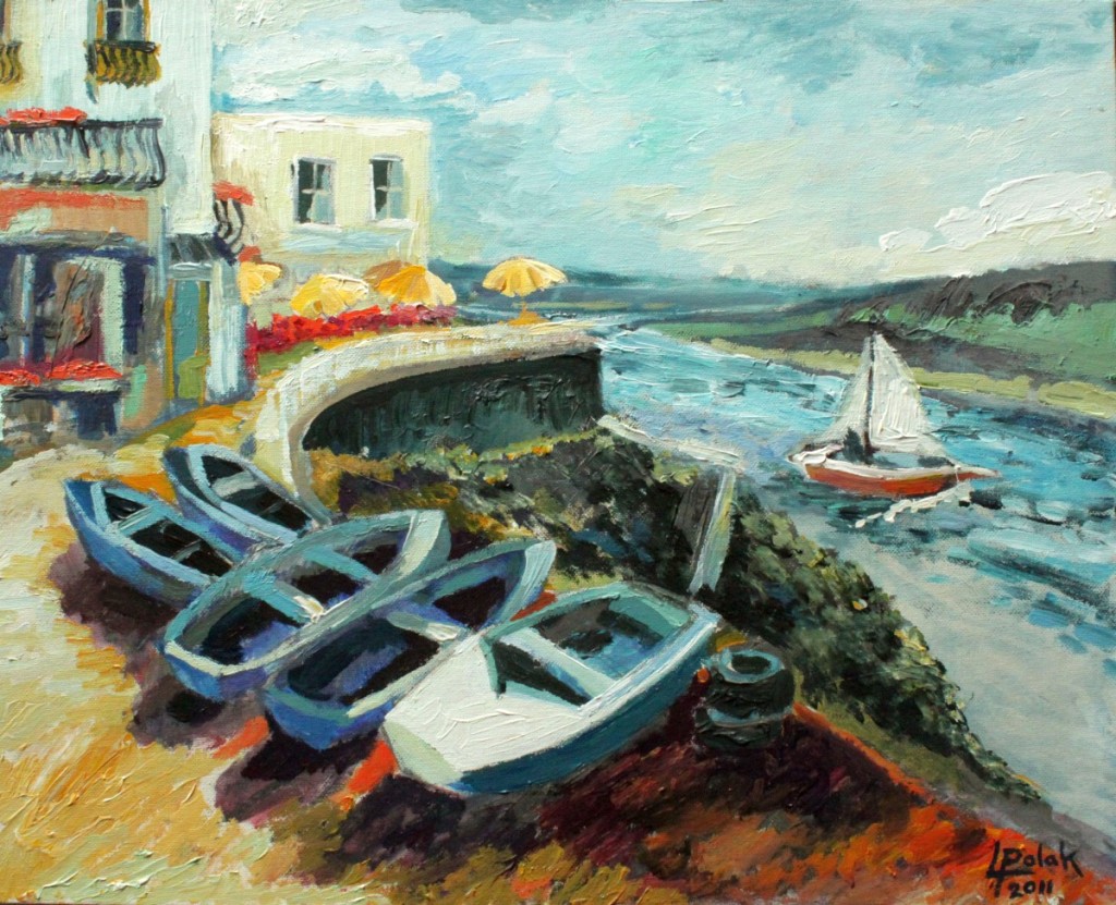 Schilderij van roeibootjes aan de kant en zeilbootje op een kleine rivier