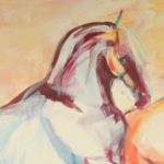 Schilderij bestaande uit drie delen waarop een kudde wilde witte paarden 