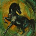 Acryl schilderij van een donker paard