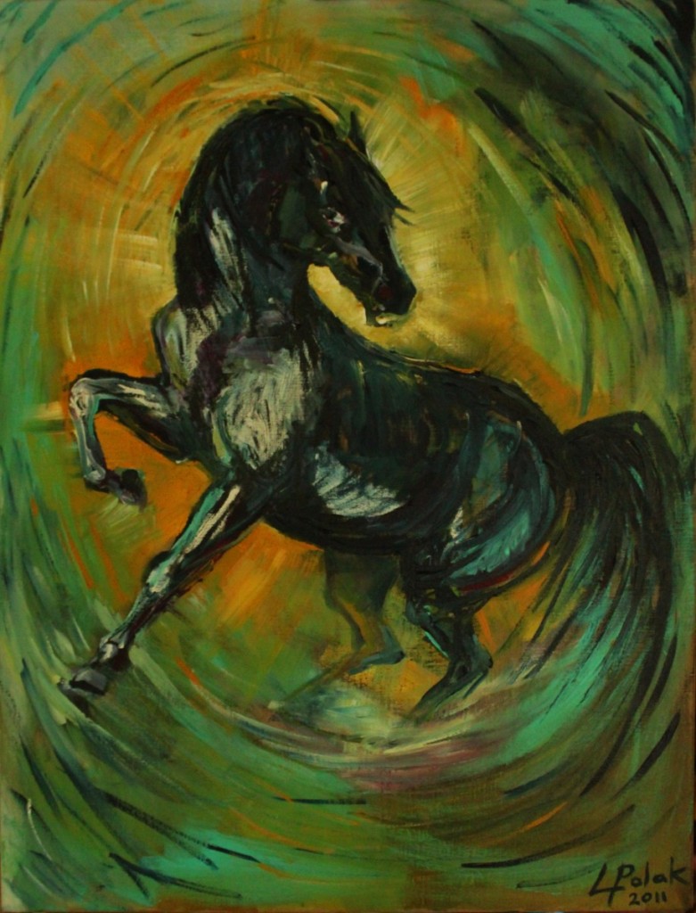 Acryl schilderij van een donker paard