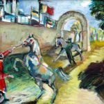 Schilderij van Paarden buiten een stadsmuur