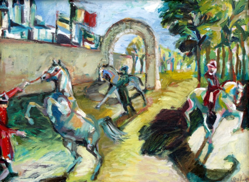 Schilderij van Paarden buiten een stadsmuur