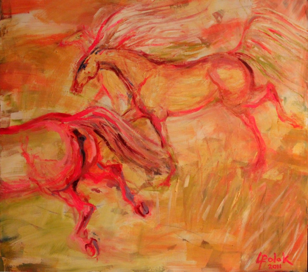 acrylschilderij van roze paarden